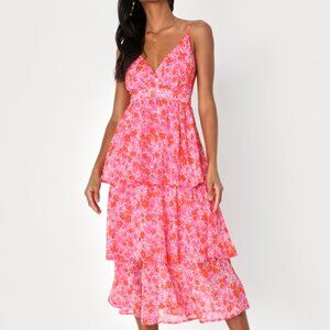 Lulus Adorable Obsession Pink Floral Print Lurex Tiered Midi Dress - Size S